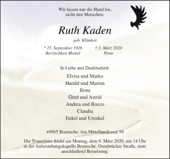 Traueranzeige von Ruth Kaden von Neue Osnabrücker Zeitung GmbH & Co. KG