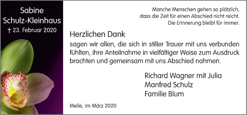 Traueranzeige für Sabine Schulz-Kleinhaus vom 28.03.2020 aus Neue Osnabrücker Zeitung GmbH & Co. KG
