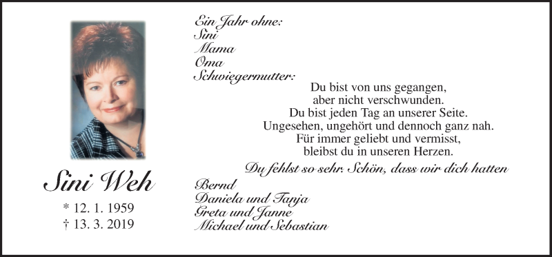  Traueranzeige für Sini Weh vom 13.03.2020 aus Neue Osnabrücker Zeitung GmbH & Co. KG