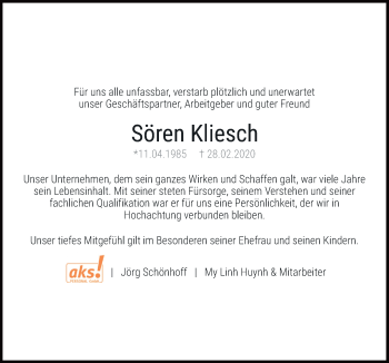 Traueranzeige von Sören Kliesch von Neue Osnabrücker Zeitung GmbH & Co. KG