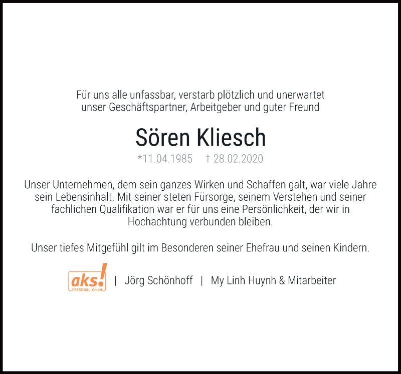 Traueranzeige für Sören Kliesch vom 03.03.2020 aus Neue Osnabrücker Zeitung GmbH & Co. KG