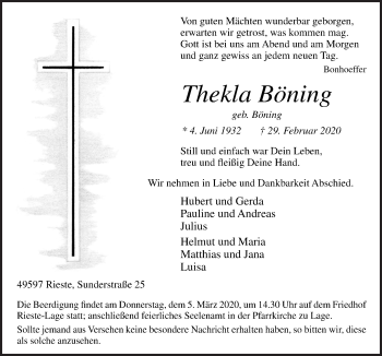 Traueranzeige von Thekla Böning von Neue Osnabrücker Zeitung GmbH & Co. KG