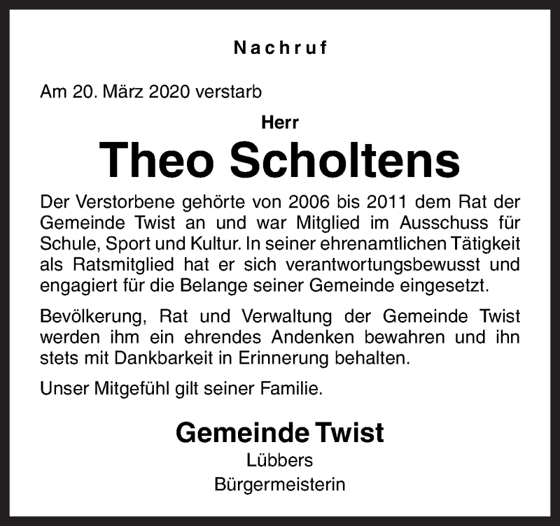  Traueranzeige für Theo Scholtens vom 25.03.2020 aus Neue Osnabrücker Zeitung GmbH & Co. KG