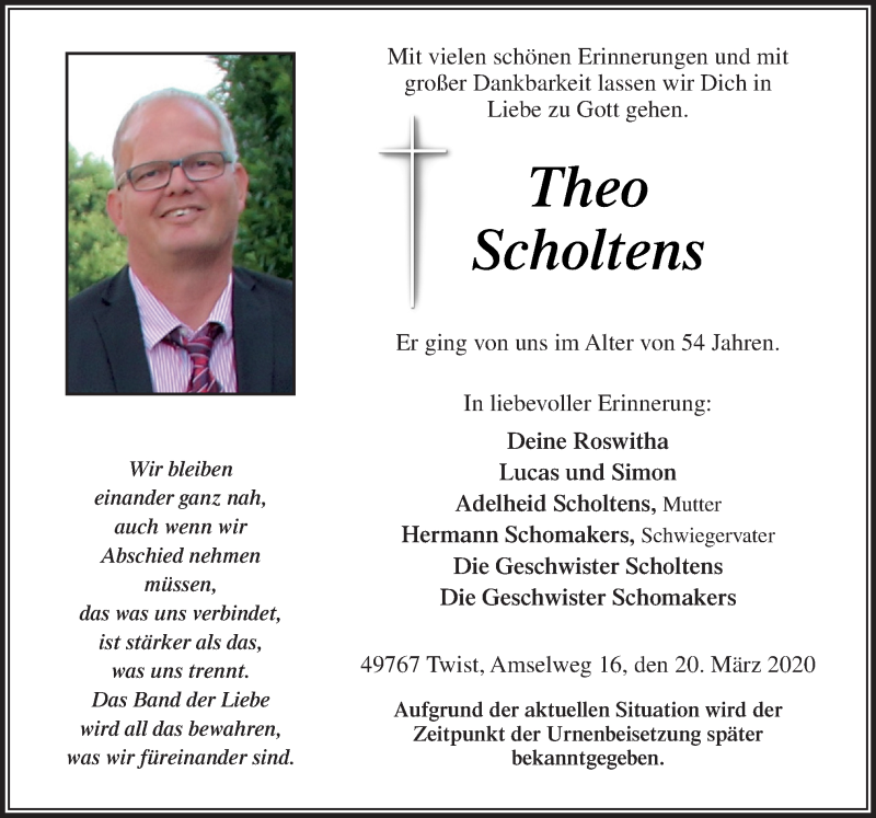  Traueranzeige für Theo Scholtens vom 23.03.2020 aus Neue Osnabrücker Zeitung GmbH & Co. KG