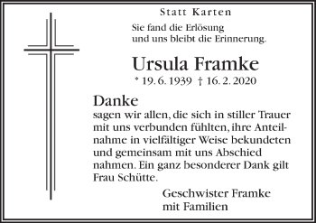 Traueranzeige von Ursula Framke von Neue Osnabrücker Zeitung GmbH & Co. KG