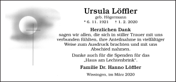 Traueranzeige von Ursula Löffler von Neue Osnabrücker Zeitung GmbH & Co. KG