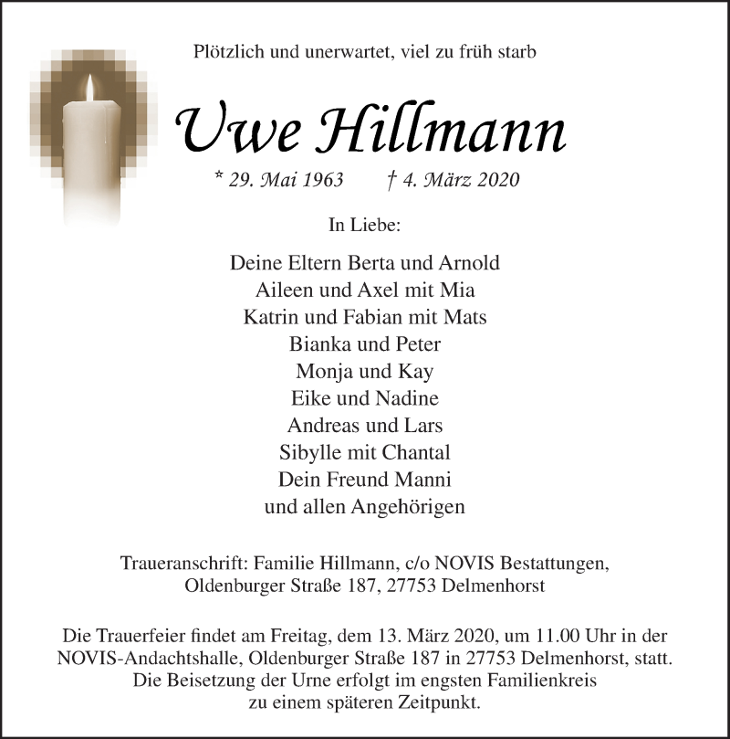  Traueranzeige für Uwe Hillmann vom 09.03.2020 aus Neue Osnabrücker Zeitung GmbH & Co. KG