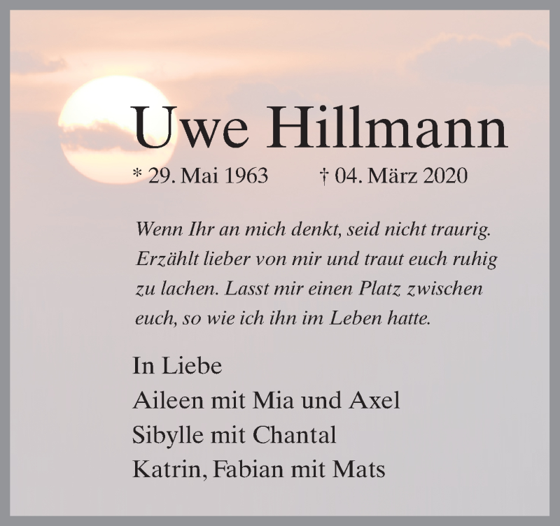  Traueranzeige für Uwe Hillmann vom 07.03.2020 aus Neue Osnabrücker Zeitung GmbH & Co. KG