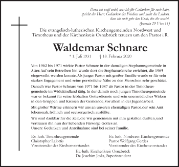 Traueranzeige von Waldemar Schnare von Neue Osnabrücker Zeitung GmbH & Co. KG