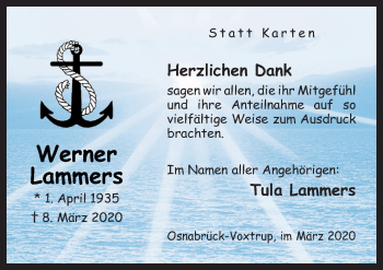 Traueranzeige von Werner Lammers von Neue Osnabrücker Zeitung GmbH & Co. KG