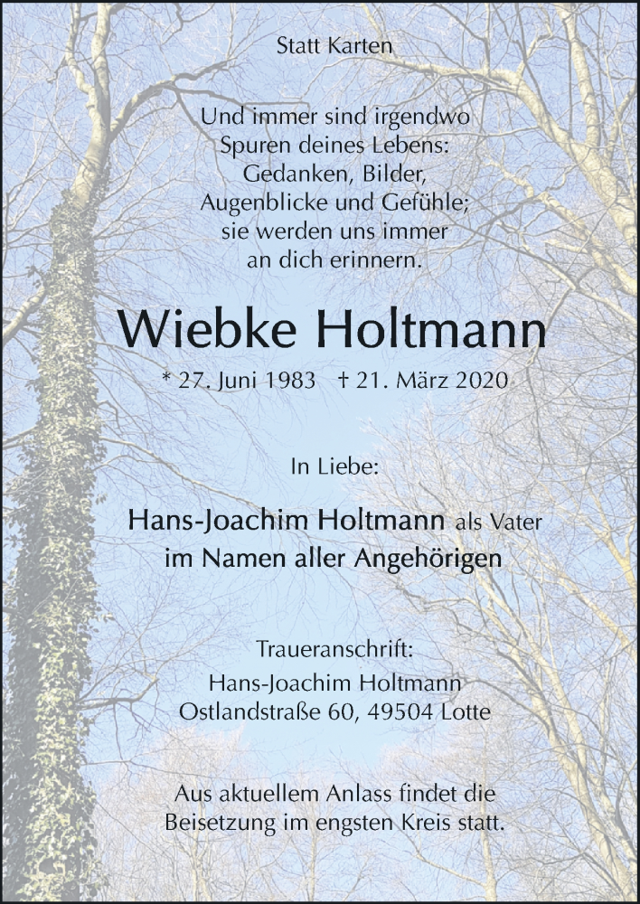  Traueranzeige für Wiebke Holtmann vom 28.03.2020 aus Neue Osnabrücker Zeitung GmbH & Co. KG
