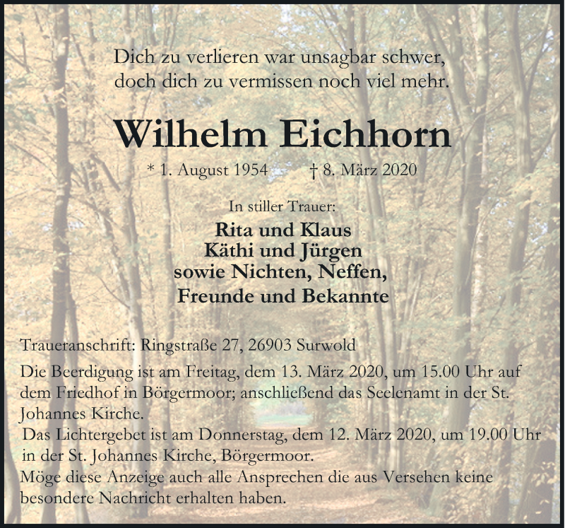  Traueranzeige für Wilhelm Eichhorn vom 10.03.2020 aus Neue Osnabrücker Zeitung GmbH & Co. KG