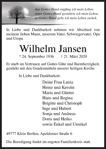 Traueranzeige von Wilhelm Jansen von Neue Osnabrücker Zeitung GmbH & Co. KG