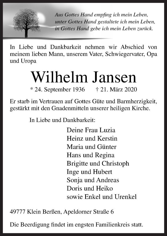  Traueranzeige für Wilhelm Jansen vom 24.03.2020 aus Neue Osnabrücker Zeitung GmbH & Co. KG