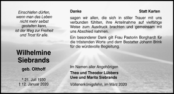 Traueranzeige von Wilhelmine Siebrands von Neue Osnabrücker Zeitung GmbH & Co. KG