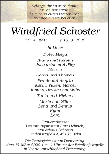 Traueranzeige von Windfried Schoster von Neue Osnabrücker Zeitung GmbH & Co. KG