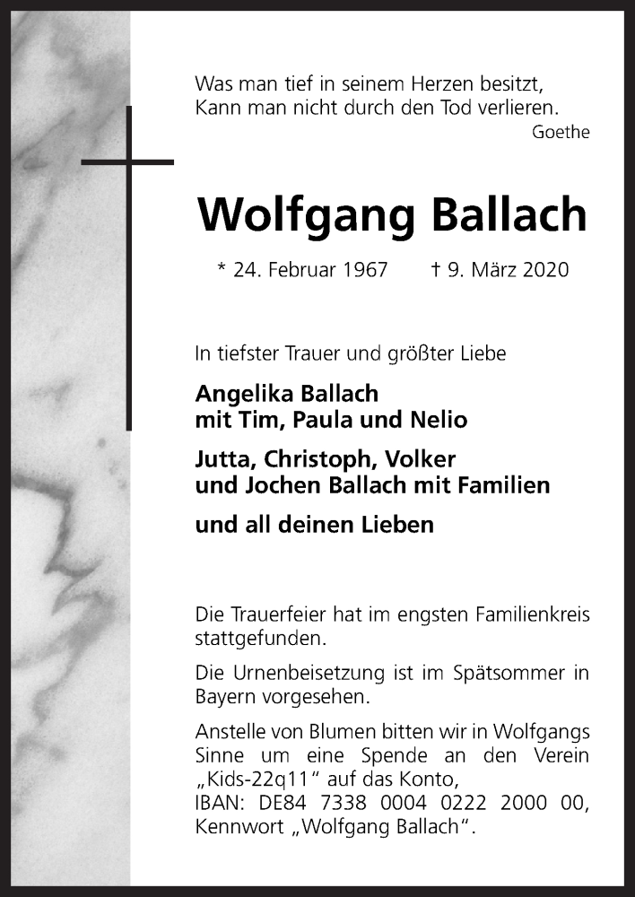  Traueranzeige für Wolfgang Ballach vom 21.03.2020 aus Neue Osnabrücker Zeitung GmbH & Co. KG