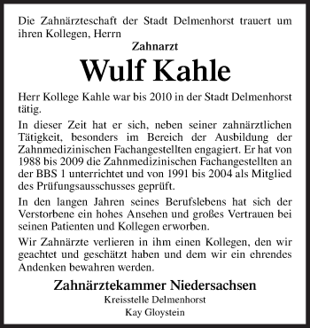 Traueranzeige von Wulf Kahle von Neue Osnabrücker Zeitung GmbH & Co. KG