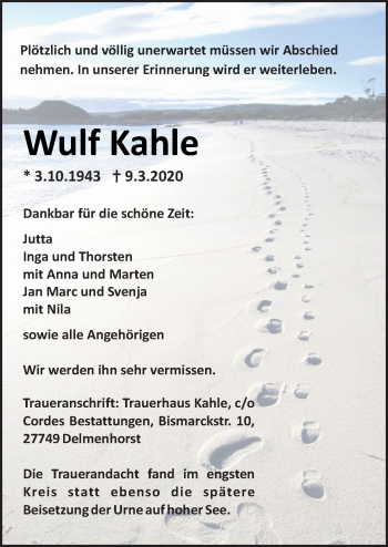 Traueranzeige von Wulf Kahle von Neue Osnabrücker Zeitung GmbH & Co. KG