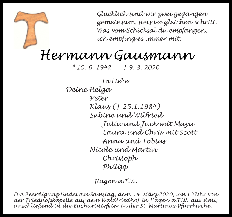  Traueranzeige für Hermann Gausmann vom 11.03.2020 aus 