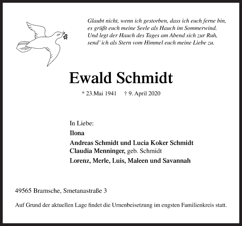  Traueranzeige für Ewald Schmidt vom 18.04.2020 aus NEUE OSNABRÜCKER ZEITUNG GMBH & CO. KG