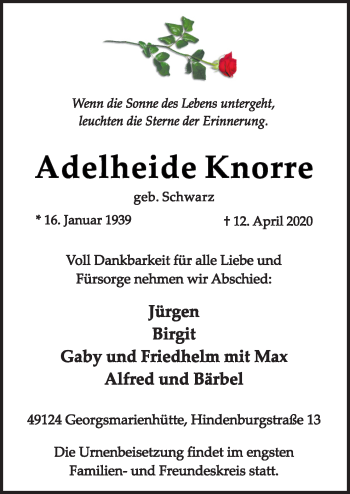Traueranzeige von Adelheide Knorre von Neue Osnabrücker Zeitung GmbH & Co. KG