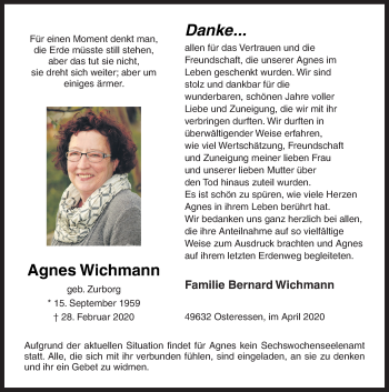 Traueranzeige von Agnes Wichmann von Neue Osnabrücker Zeitung GmbH & Co. KG