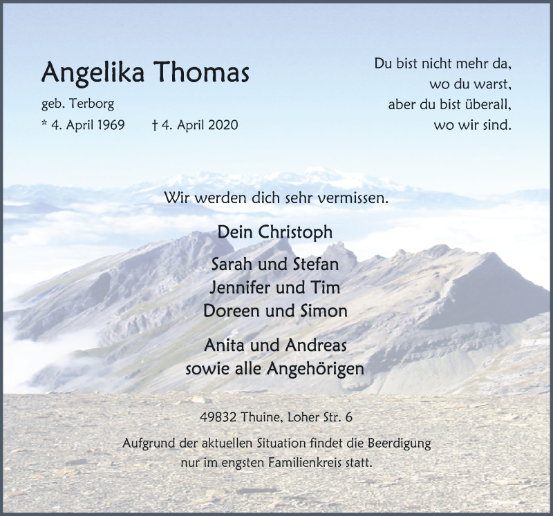  Traueranzeige für Angelika Thomas vom 06.04.2020 aus Neue Osnabrücker Zeitung GmbH & Co. KG