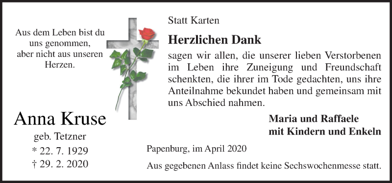  Traueranzeige für Anna Kruse vom 11.04.2020 aus Neue Osnabrücker Zeitung GmbH & Co. KG