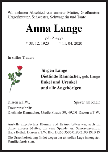 Traueranzeige von Anna Lange von Neue Osnabrücker Zeitung GmbH & Co. KG