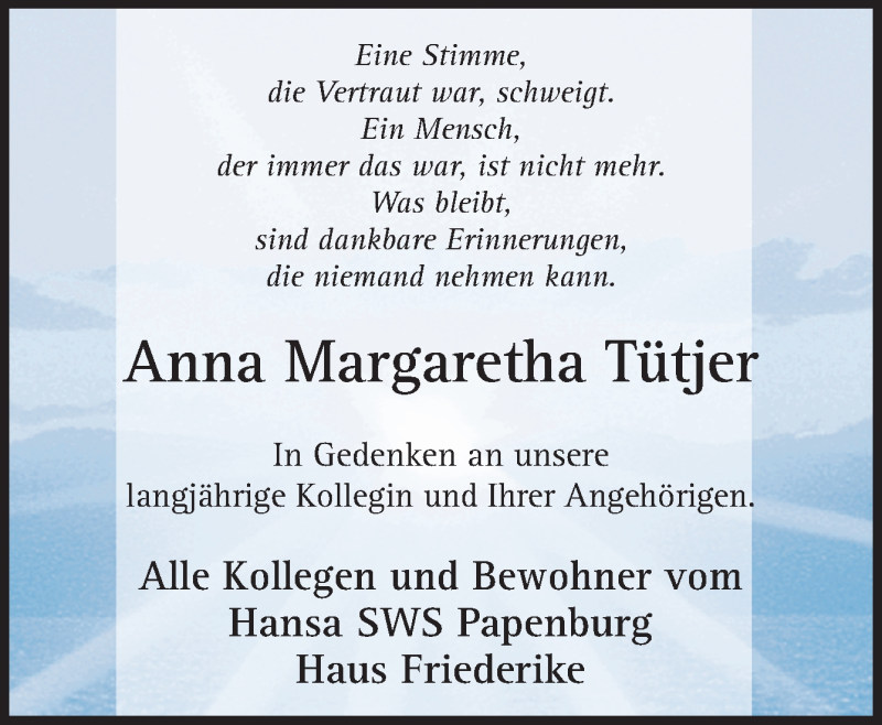  Traueranzeige für Anna Margaretha Tütjer vom 22.04.2020 aus Neue Osnabrücker Zeitung GmbH & Co. KG