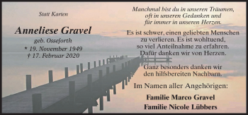 Traueranzeige von Anneliese Gravel von Neue Osnabrücker Zeitung GmbH & Co. KG