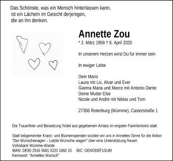 Traueranzeige von Annette Zou von Neue Osnabrücker Zeitung GmbH & Co. KG
