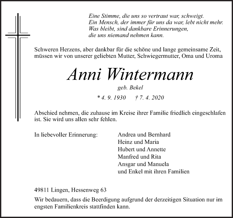  Traueranzeige für Anni Wintermann vom 14.04.2020 aus Neue Osnabrücker Zeitung GmbH & Co. KG