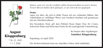Traueranzeige von August Kloppenburg von Neue Osnabrücker Zeitung GmbH & Co. KG