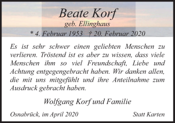 Traueranzeige von Beate Korf von Neue Osnabrücker Zeitung GmbH & Co. KG