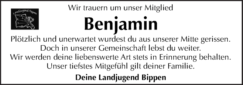  Traueranzeige für Benjamin Renato Wolter vom 14.04.2020 aus Neue Osnabrücker Zeitung GmbH & Co. KG