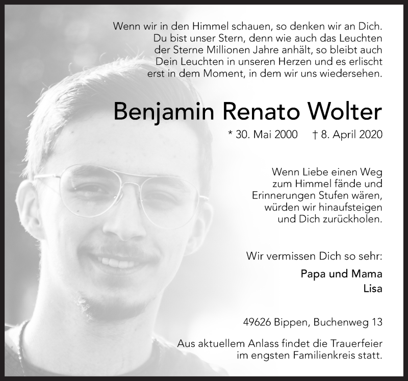  Traueranzeige für Benjamin Renato Wolter vom 11.04.2020 aus Neue Osnabrücker Zeitung GmbH & Co. KG