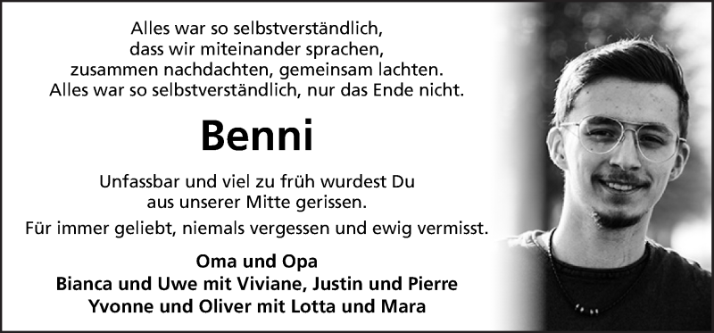  Traueranzeige für Benjamin Renato Wolter vom 14.04.2020 aus Neue Osnabrücker Zeitung GmbH & Co. KG