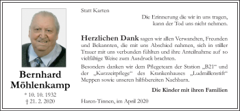 Traueranzeige von Bernhard Möhlenkamp von Neue Osnabrücker Zeitung GmbH & Co. KG