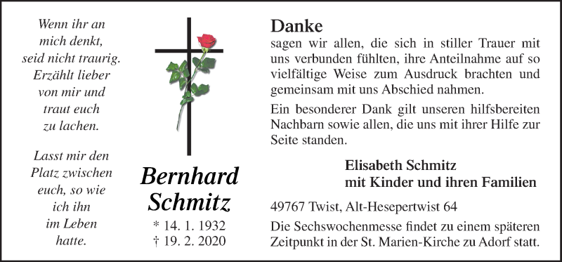  Traueranzeige für Bernhard Schmitz vom 01.04.2020 aus Neue Osnabrücker Zeitung GmbH & Co. KG
