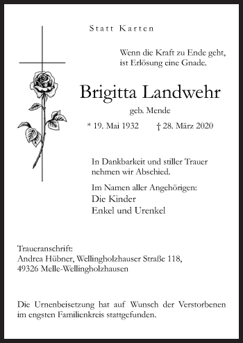 Traueranzeige von Brigitta Landwehr von Neue Osnabrücker Zeitung GmbH & Co. KG