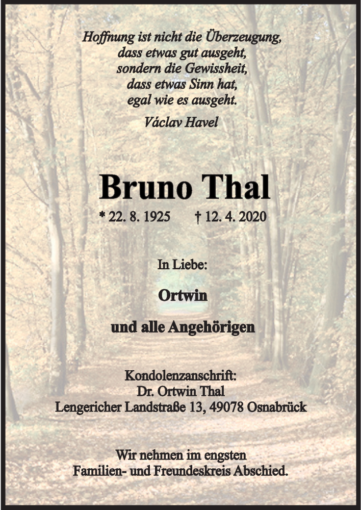  Traueranzeige für Bruno Thal vom 24.04.2020 aus Neue Osnabrücker Zeitung GmbH & Co. KG