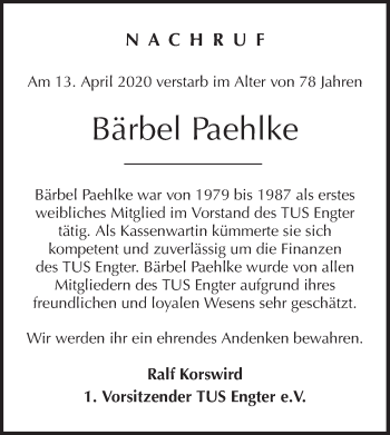 Traueranzeige von Bärbel Paehlke von Neue Osnabrücker Zeitung GmbH & Co. KG