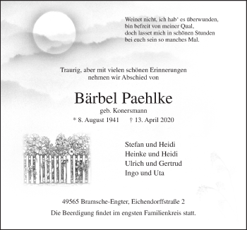 Traueranzeige von Bärbel Paehlke von Neue Osnabrücker Zeitung GmbH & Co. KG