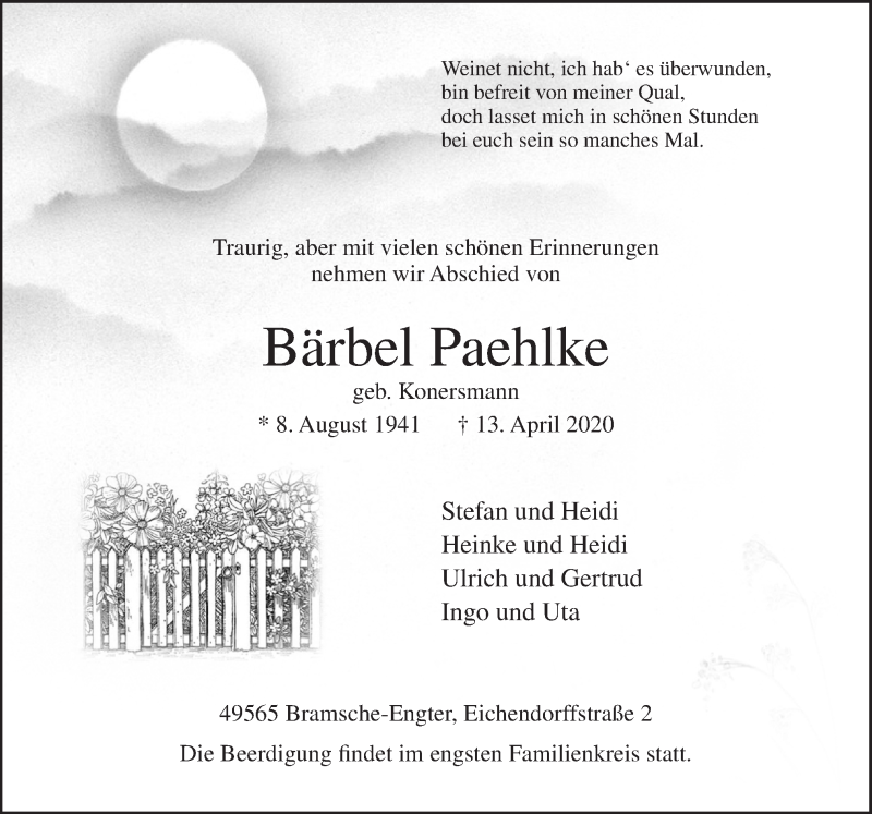  Traueranzeige für Bärbel Paehlke vom 18.04.2020 aus Neue Osnabrücker Zeitung GmbH & Co. KG