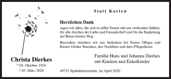 Traueranzeige von Christa Dierkes von Neue Osnabrücker Zeitung GmbH & Co. KG