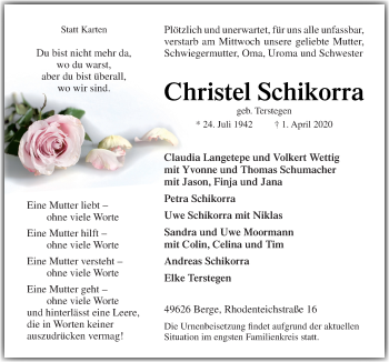 Traueranzeige von Christel Schikorra von Neue Osnabrücker Zeitung GmbH & Co. KG