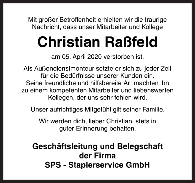  Traueranzeige für Christian Raßfeld vom 11.04.2020 aus Neue Osnabrücker Zeitung GmbH & Co. KG