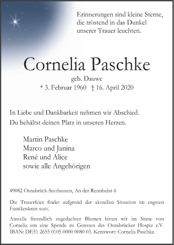 Traueranzeige von Cornelia Paschke von Neue Osnabrücker Zeitung GmbH & Co. KG